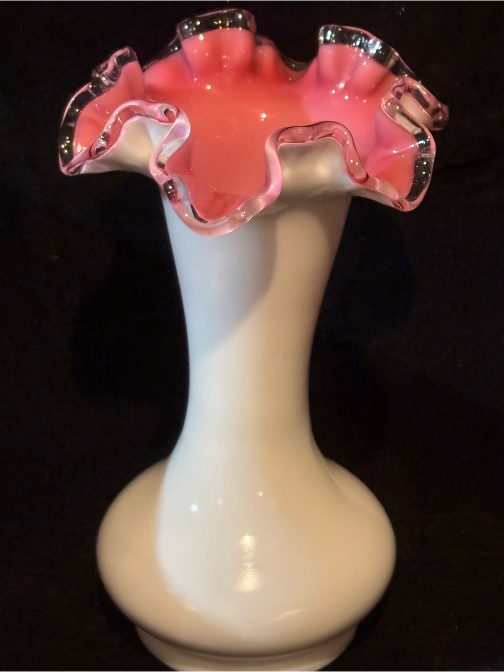 Fenton Peach Pink Crest Milk Glass Ruffled Vase